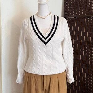 Ralph Lauren White Cable Knit Sweater Women's V Neck Striped Collar Top